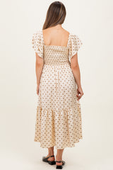 Cream Polka Dot Satin Smocked Flutter Sleeve Maternity Dress