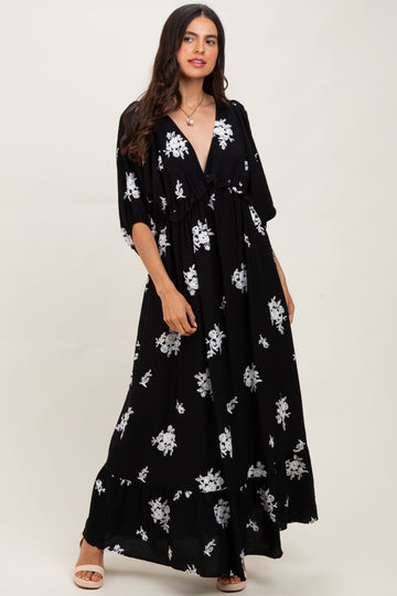 Black Vintage Floral Embroidered V-Neck 3/4 Sleeve Maxi Dress