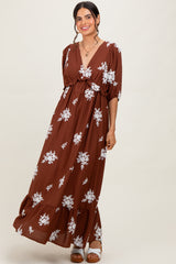 Brown Vintage Floral Embroidered V-Neck 3/4 Sleeve Maxi Dress