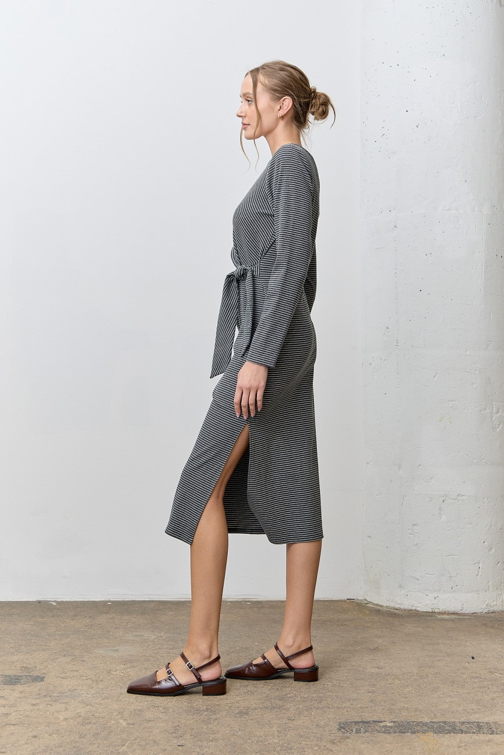 Charcoal Side Tie Long Sleeve Midi Dress