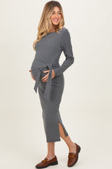 Charcoal Side Tie Long Sleeve Maternity Midi Dress