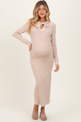 Cream Tie Neck Maternity Sweater Midi Dress