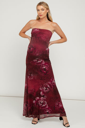 Burgundy Floral Strapless Maternity Maxi Dress