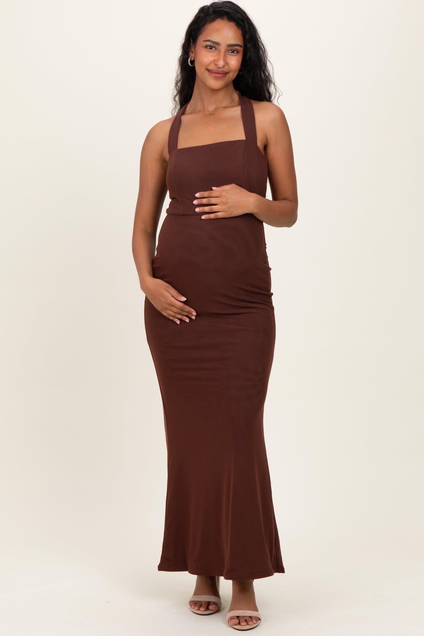 Brown Halter Neck Maternity Maxi Dress