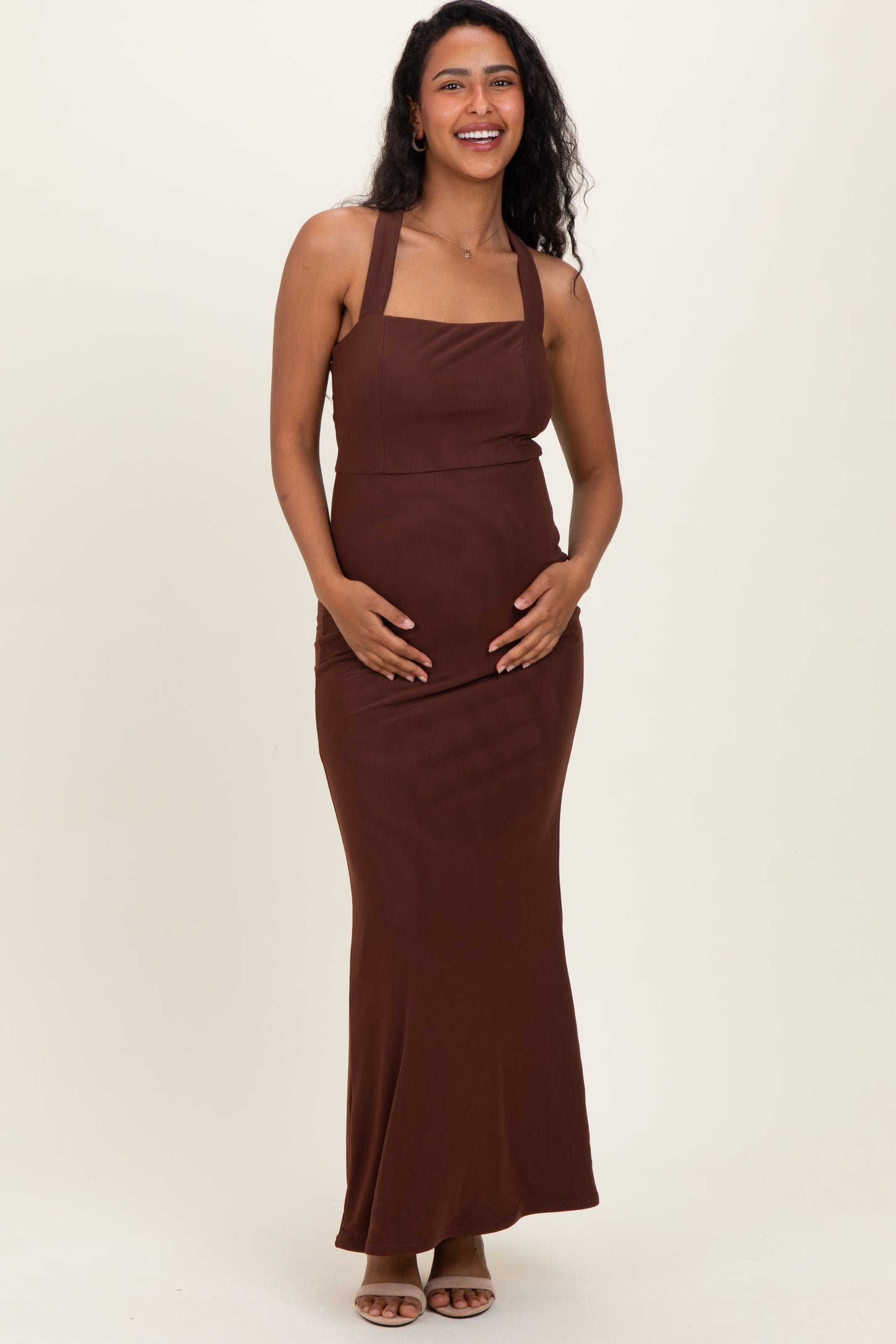 Brown Halter Neck Maternity Maxi Dress