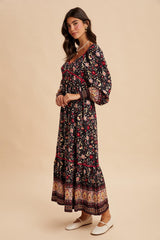 Navy Floral Border Print Long Sleeve Maxi Dress