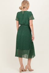Forest Green Leaf Print Pleated Midi Dress