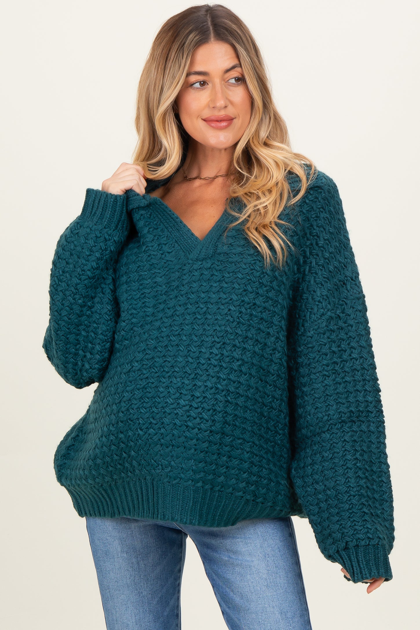 Forest Green Collared Cable Knit Maternity Sweater
