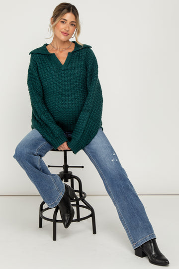 Forest Green Collared Cable Knit Maternity Sweater