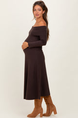 Brown Off Shoulder Maternity Sweater Midi Dress