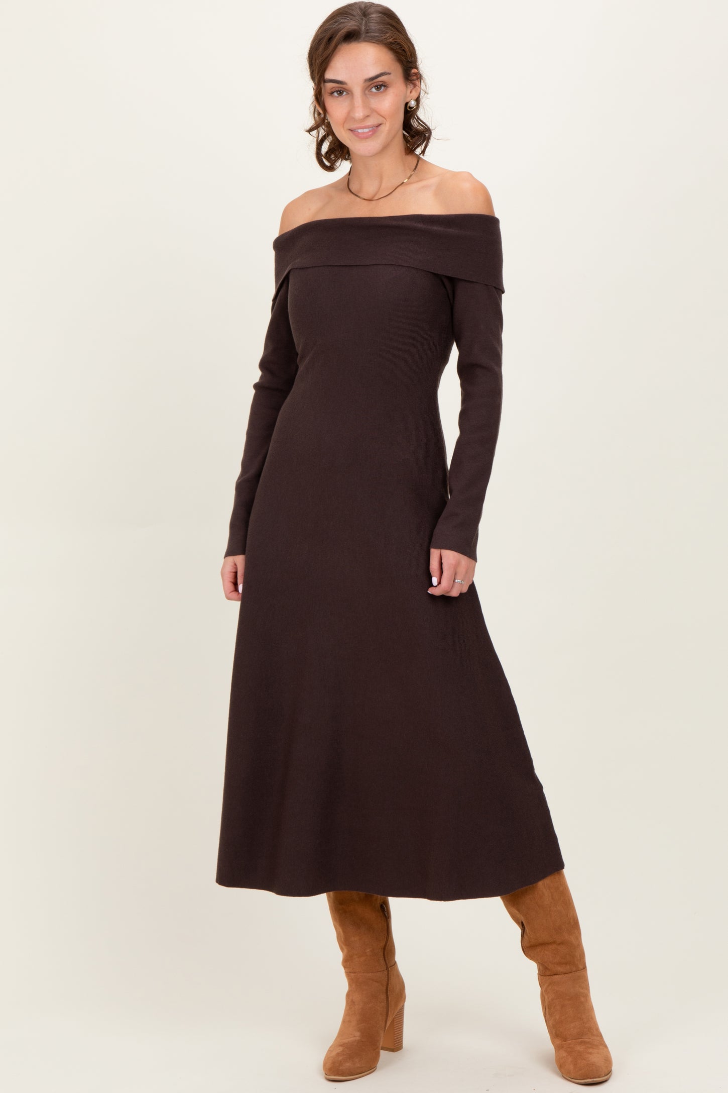 Brown Off Shoulder Maternity Sweater Midi Dress