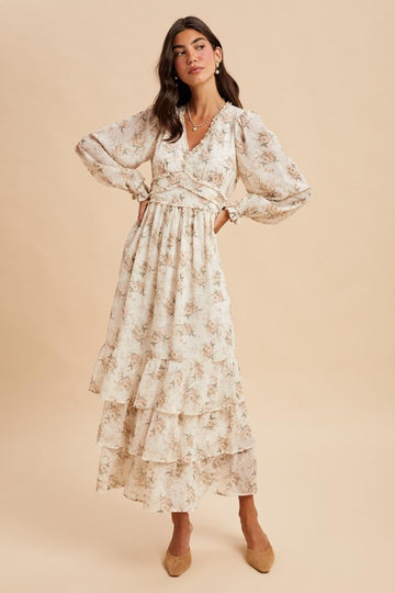 Cream Vintage Floral Ruffle Tiered Hem Maxi Dress