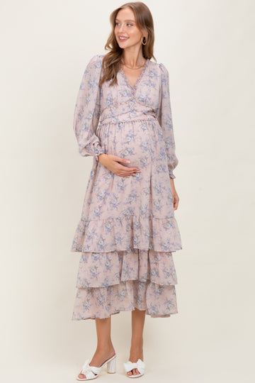 Light Pink Vintage Floral Ruffle Tiered Hem Maternity Maxi Dress