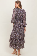 Brown Vintage Floral Ruffle Tiered Hem Maternity Maxi Dress