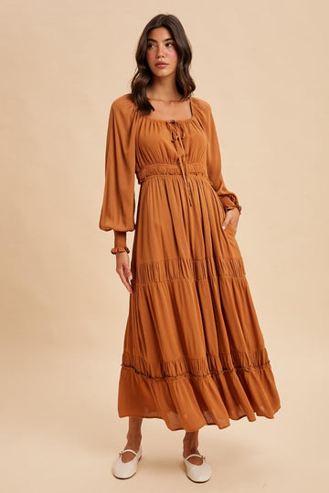 Camel Square Neck Long Sleeve Maxi Dress