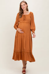 Camel Square Neck Long Sleeve Maternity Maxi Dress