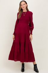 Burgundy Swiss Dot Smocked Tiered Maternity Maxi Dress