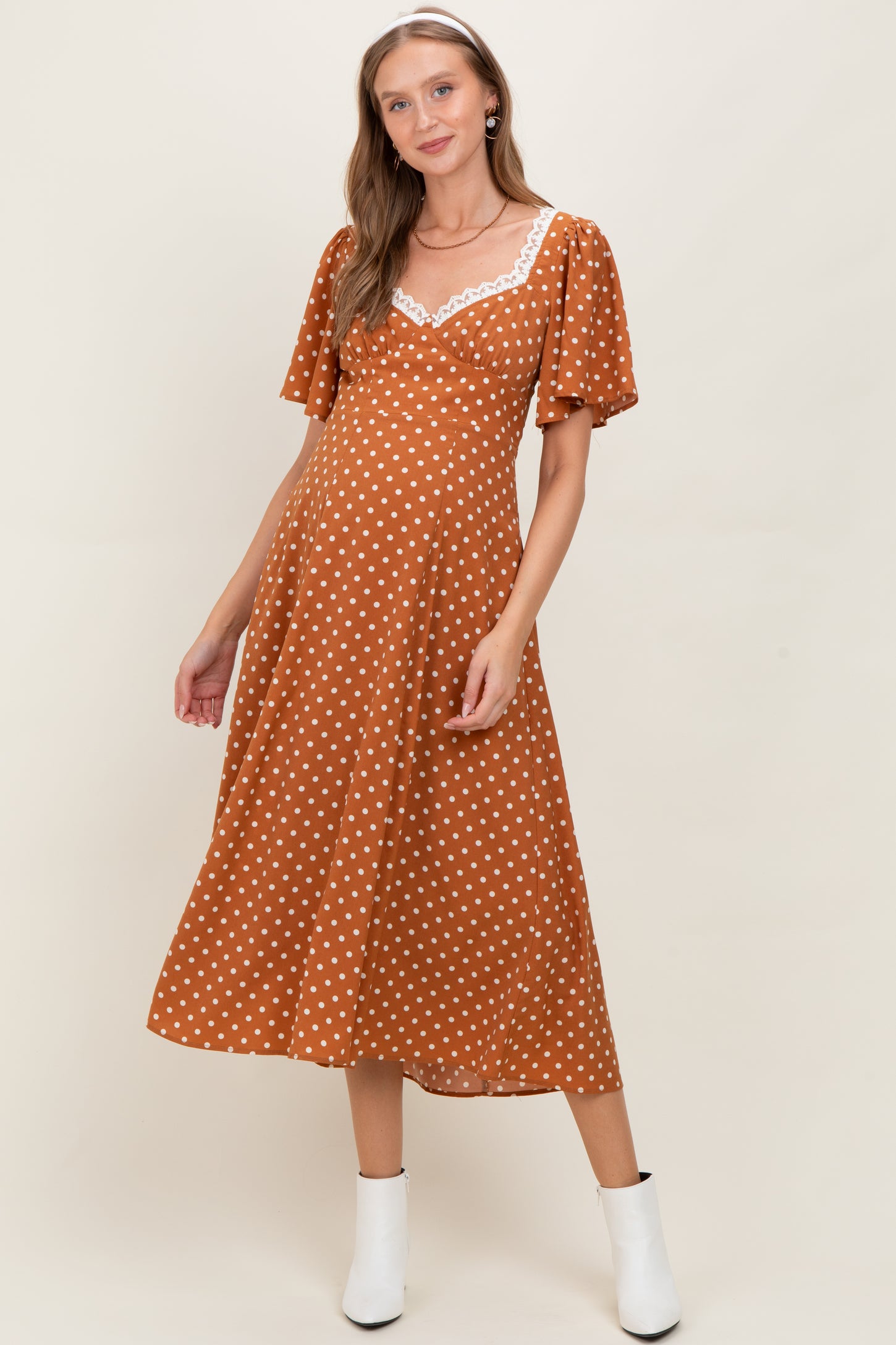 Camel Polka Dot Lace Trim Maternity Maxi Dress