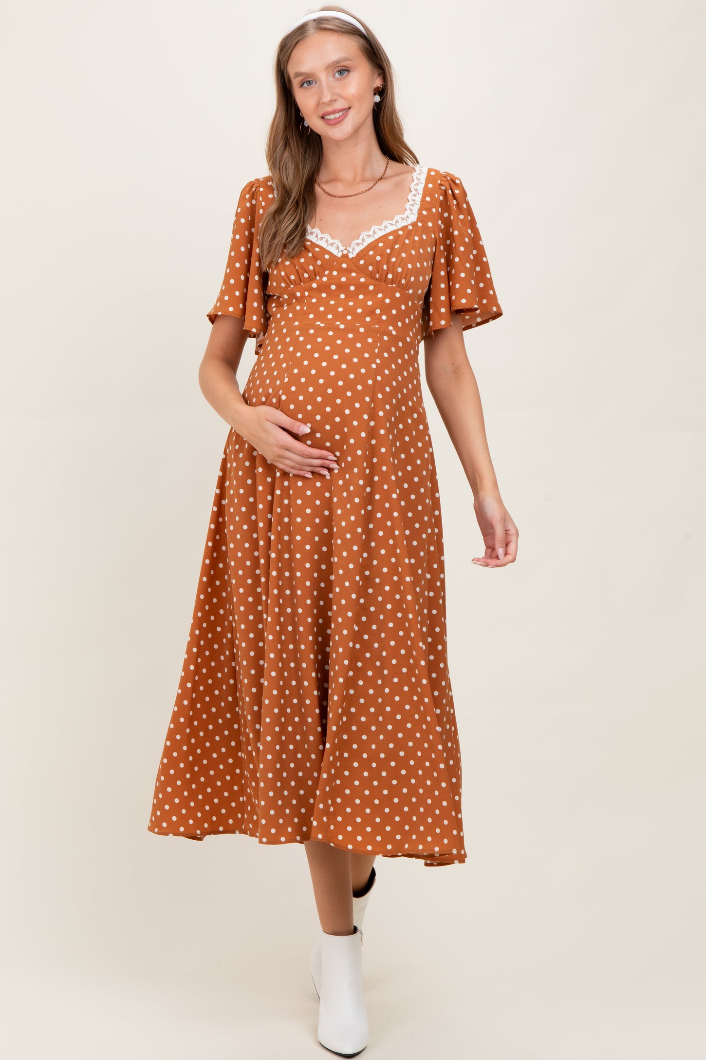 Camel Polka Dot Lace Trim Maternity Maxi Dress