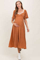 Camel Polka Dot Lace Trim Maternity Maxi Dress
