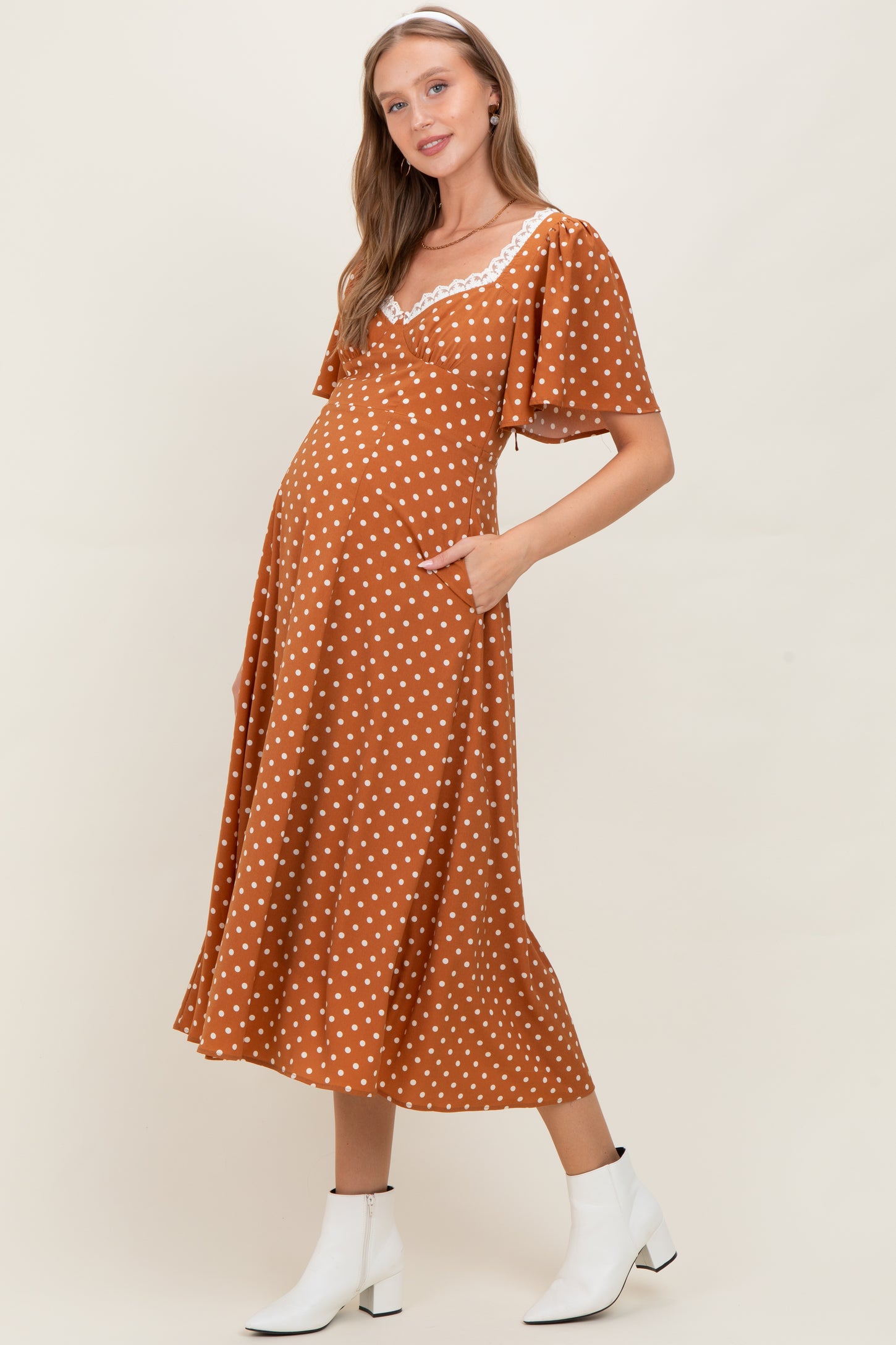 Camel Polka Dot Lace Trim Maternity Maxi Dress