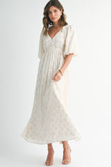 Cream Floral Textured Chiffon Overlay Maxi Dress
