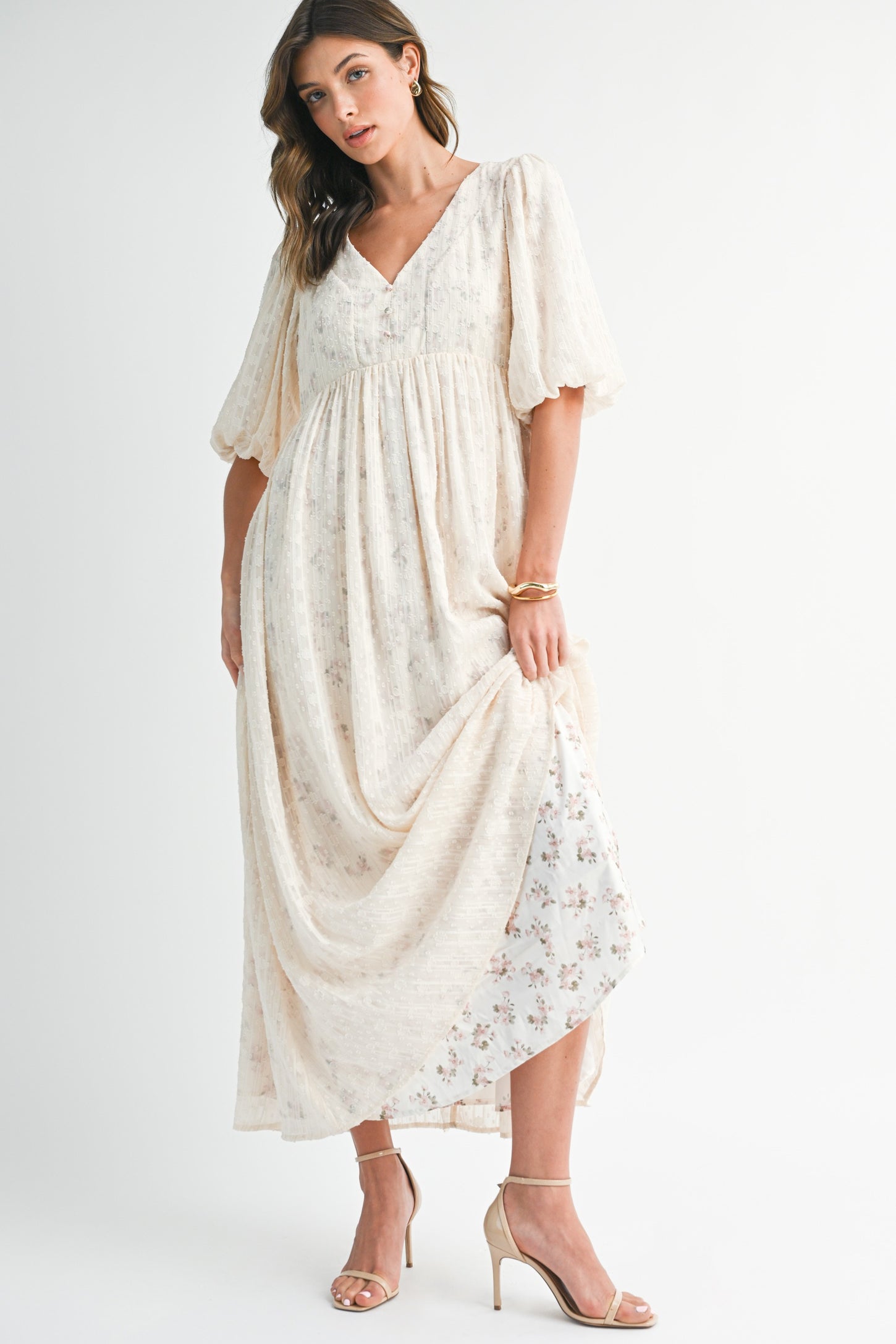 Cream Floral Textured Chiffon Overlay Maxi Dress