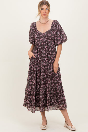 Brown Floral Sweetheart Neckline Puff Sleeve Maxi Dress