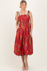 Rust Floral Scallop Edge Shoulder Tie Midi Dress