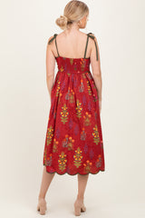 Rust Floral Scallop Edge Shoulder Tie Midi Dress