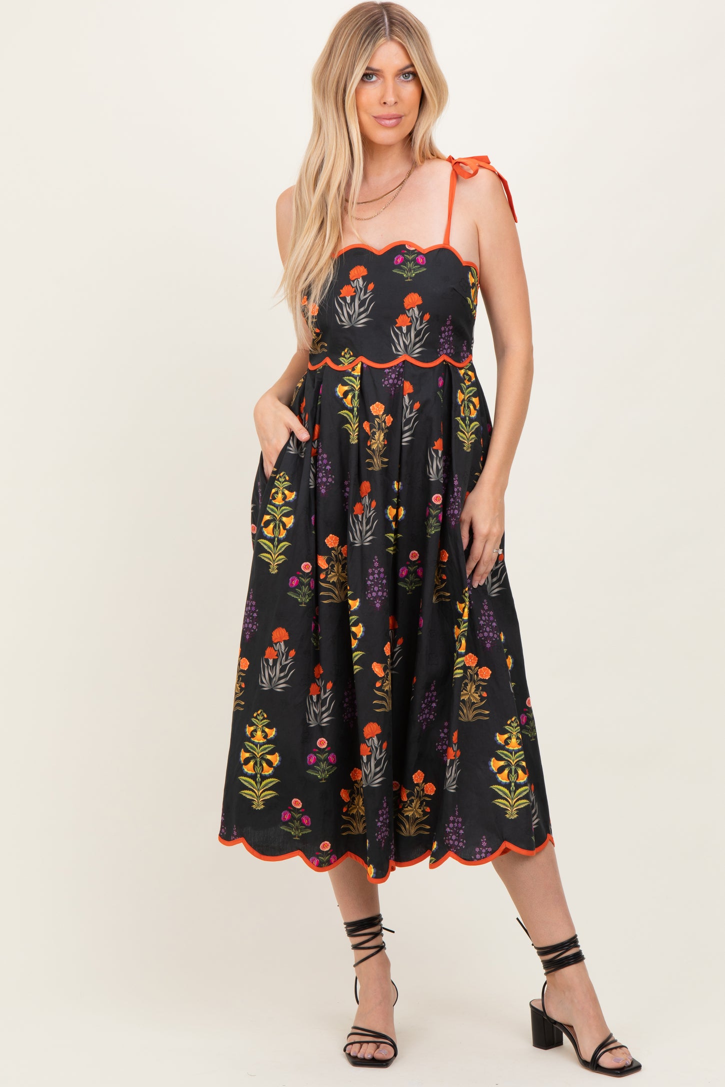 Black Floral Scallop Edge Shoulder Tie Midi Dress