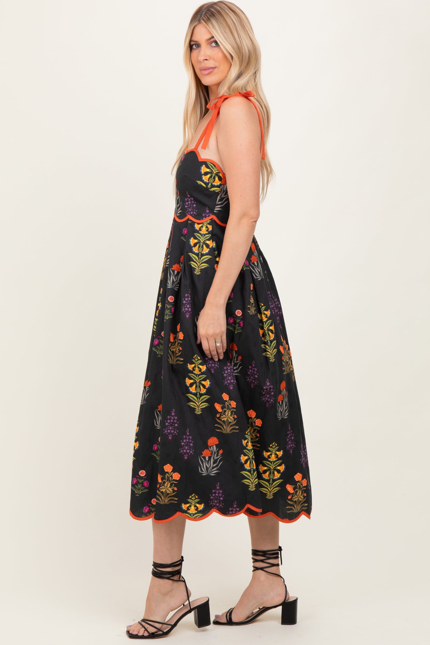 Black Floral Scallop Edge Shoulder Tie Midi Dress