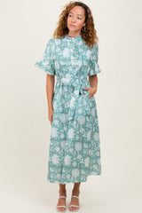 Light Olive Floral Ruffle Button Up Neckline Midi Dress
