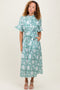 Light Olive Floral Ruffle Button Up Neckline Midi Dress