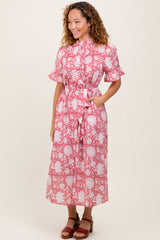 Pink Floral Ruffle Button Up Neckline Midi Dress
