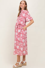 Pink Floral Ruffle Button Up Neckline Maternity Midi Dress