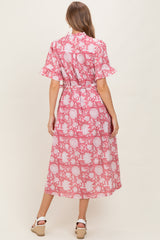 Pink Floral Ruffle Button Up Neckline Maternity Midi Dress