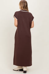 Brown Collared Stitch Detail Short Sleeve Midi Dress
