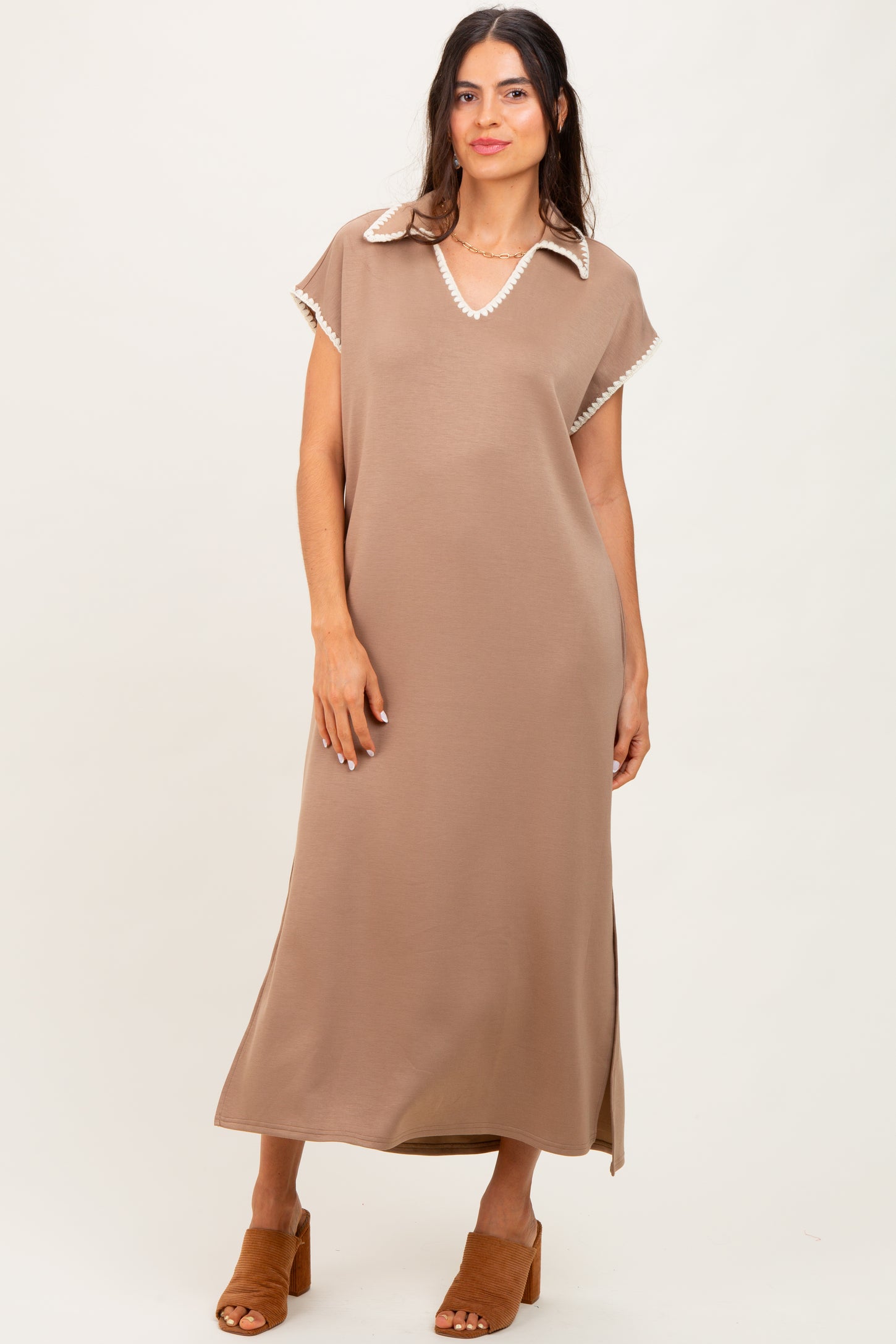 Mocha Collared Stitch Detail Short Sleeve Midi Dress