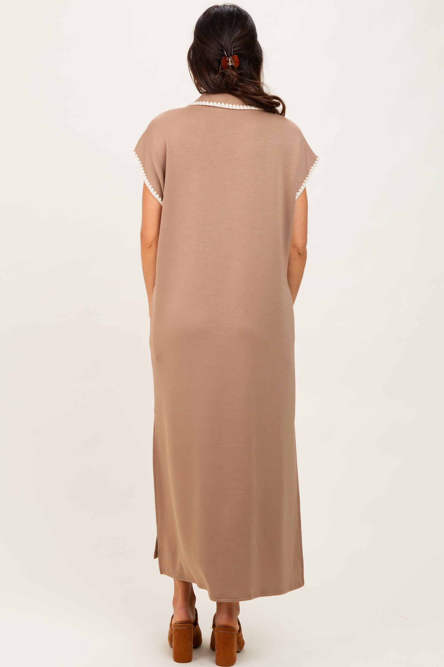 Mocha Collared Stitch Detail Short Sleeve Midi Dress