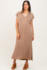 Mocha Collared Stitch Detail Short Sleeve Midi Dress