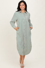 Forest Green Textured Stripe Button Down Maternity Shirt Dress