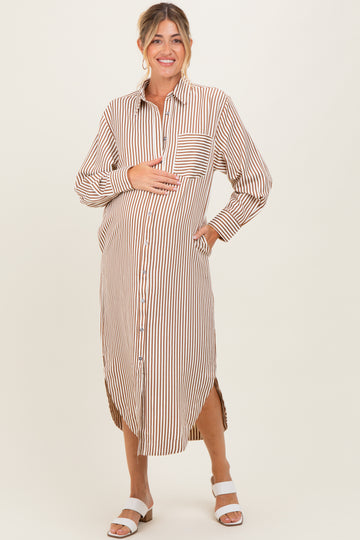 Camel Textured Stripe Button Down Maternity Shirt Dress