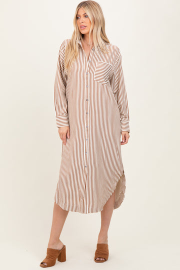 Camel Textured Stripe Button Down Shirt Dress