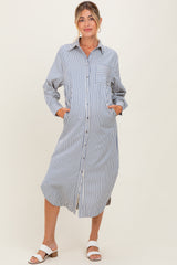 Navy Textured Stripe Button Down Maternity Shirt Dress