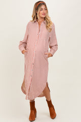 Rust Textured Stripe Button Down Maternity Shirt Dress