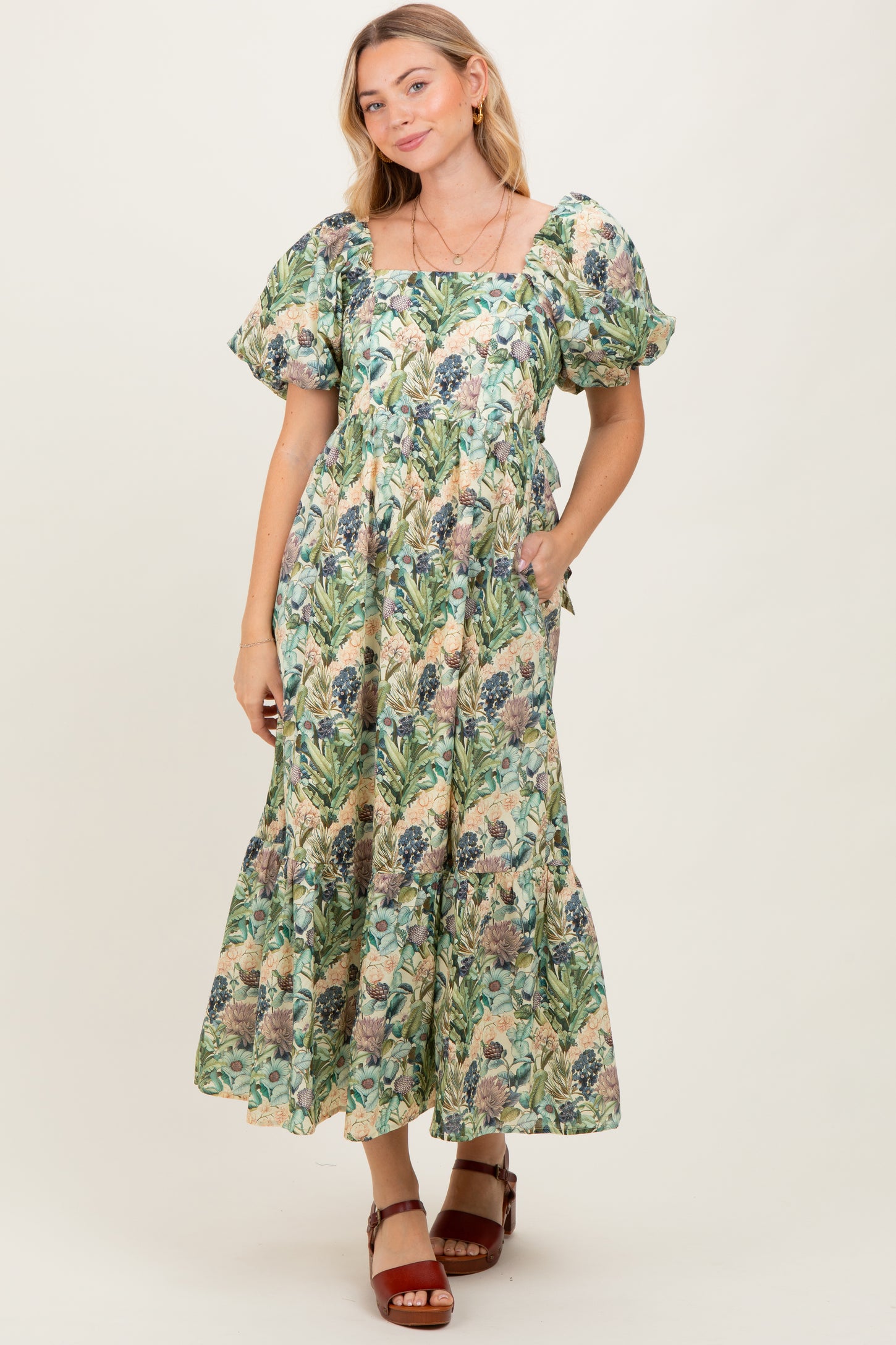 Multicolor Floral Puff Sleeve Bow Tie Detail Midi Dress