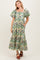 Multicolor Floral Puff Sleeve Bow Tie Detail Midi Dress