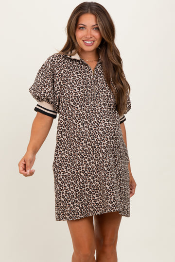 Taupe Animal Print Quarter Zip Puff Sleeve Maternity Mini Dress