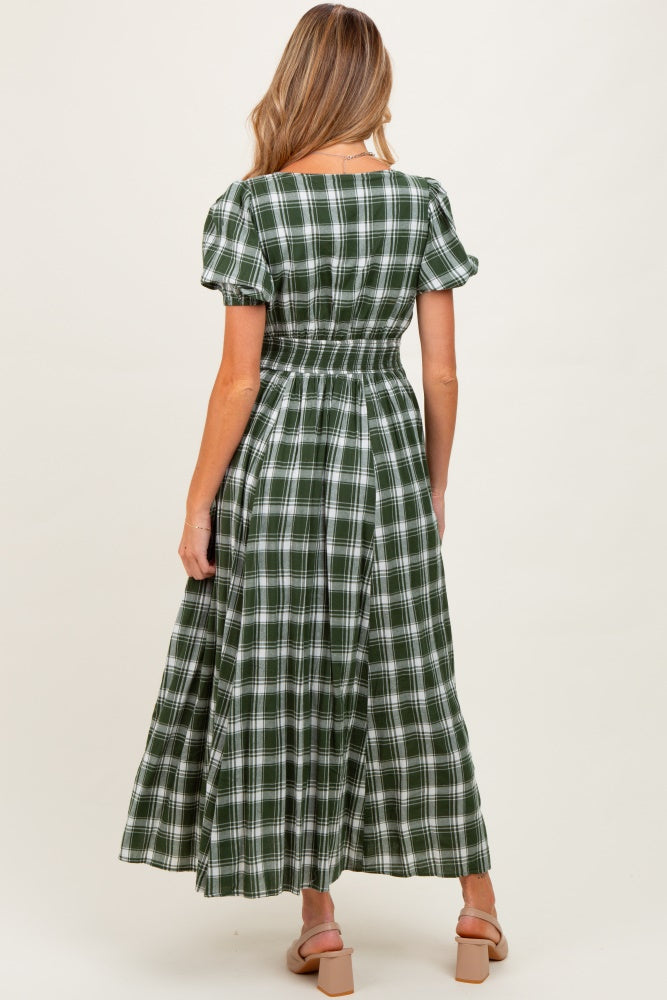 Forest Green Plaid Button Down Maternity Maxi Dress